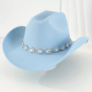 Light Blue Western Cowboy Hat with Crystal Chain Band